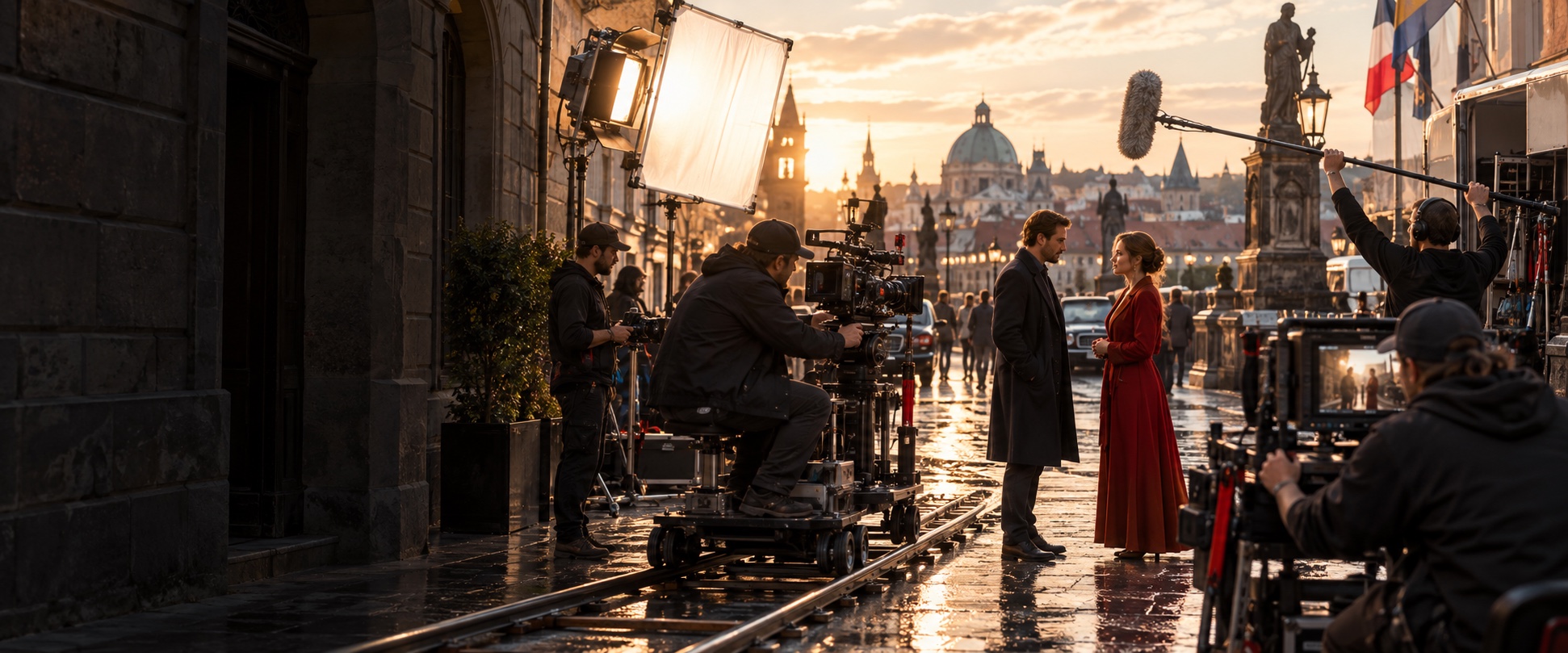 Film crew and actors during an exterior production