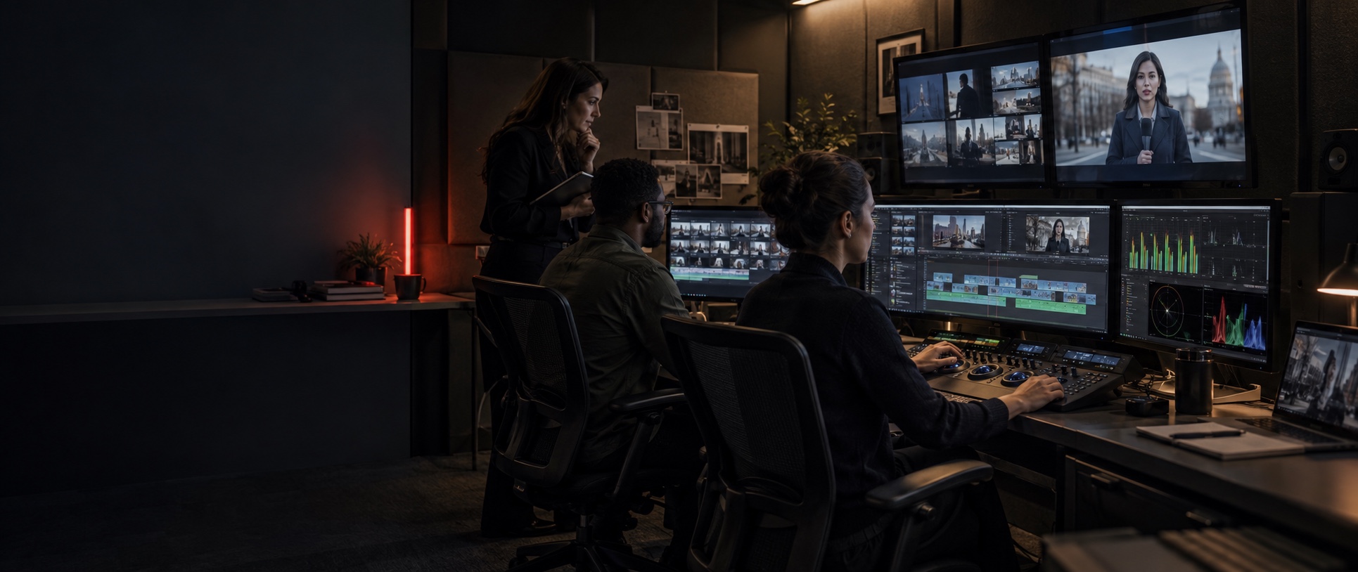 Journalistic video editing and post-production in a professional edit suite