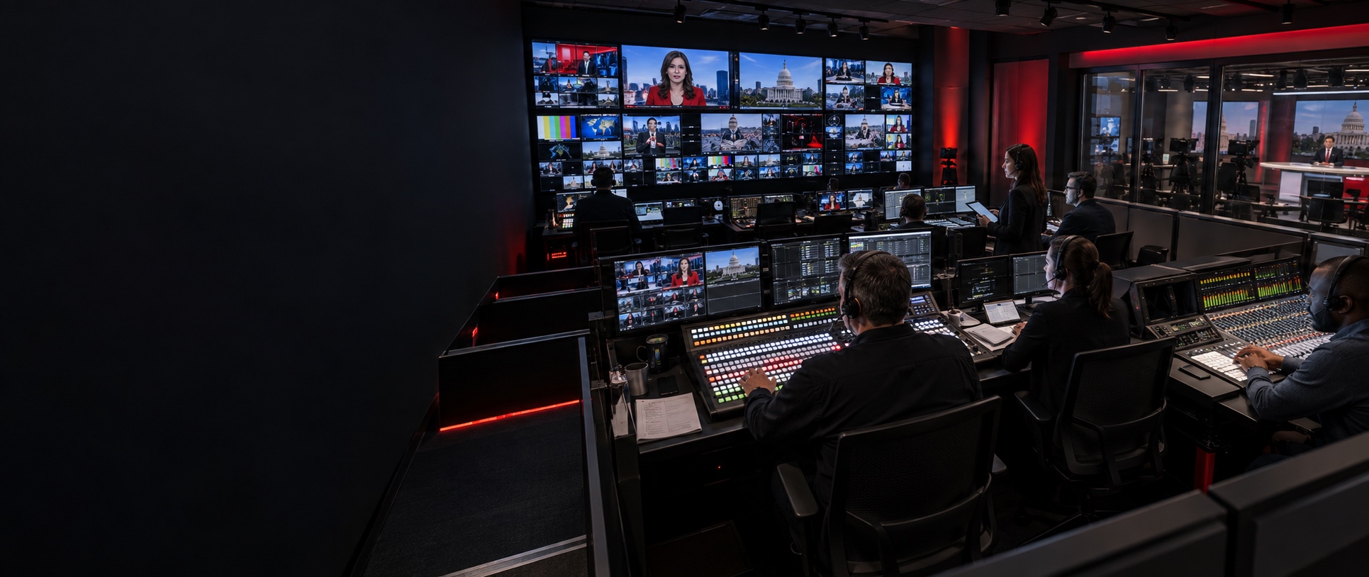 Television master control with vision mixer, audio control and multiview wall