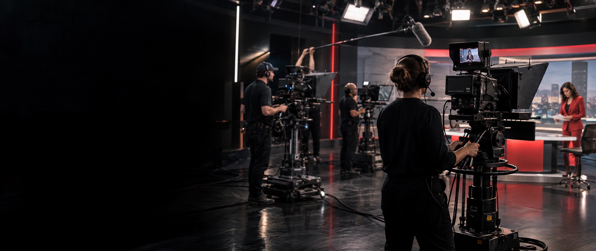 Television camera crews producing a news programme