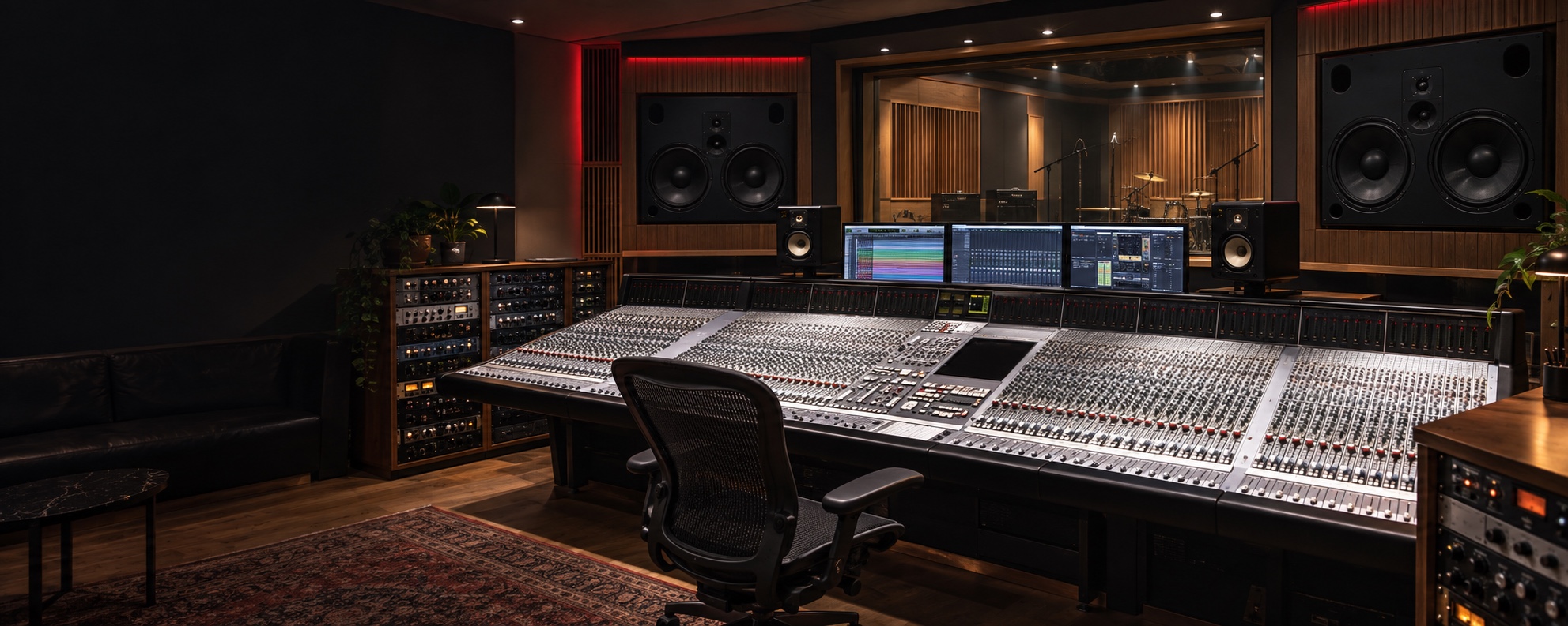 Large curved SSL 9096J control room with ATC SCM300 mains, high-end outboard and modern DAW technology