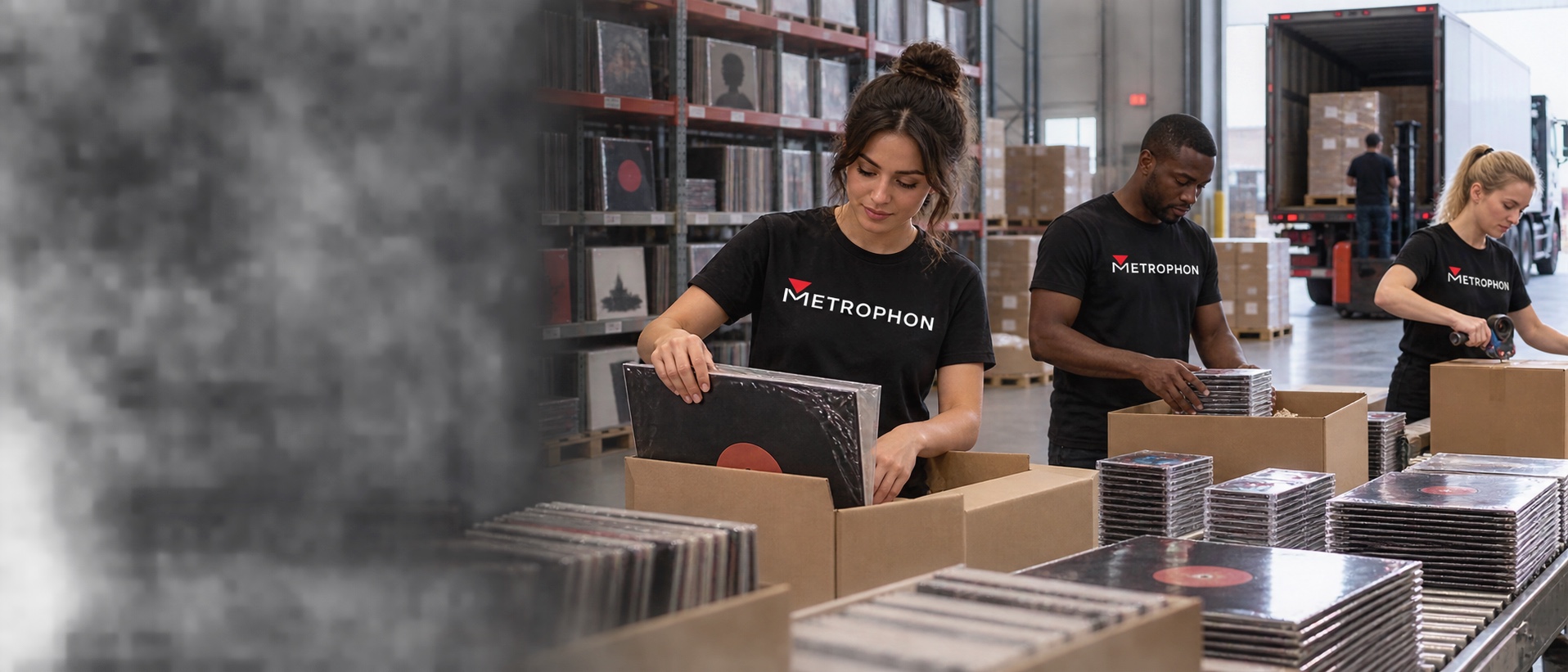 Metrophon team packing vinyl and CDs for international shipping