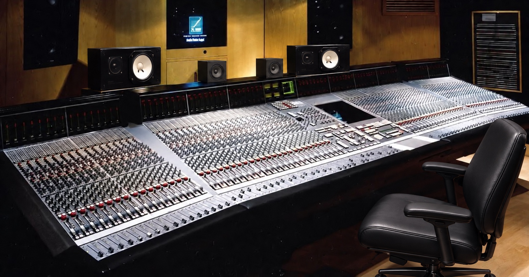 Large SSL 9096J console with horizontal NS-10 nearfield monitors, Auratone cubes and leather control-room chair